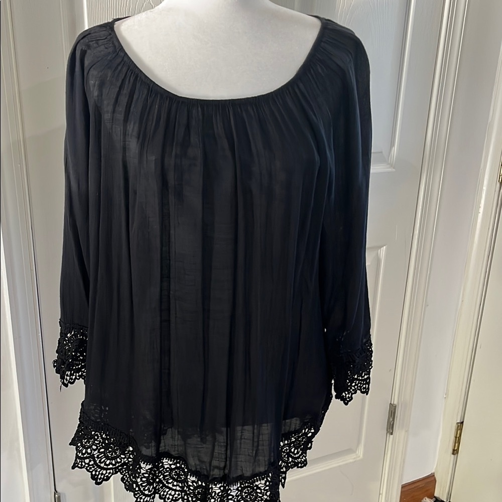 Always indigo Elegant Black Lace Trim Blouse 2X